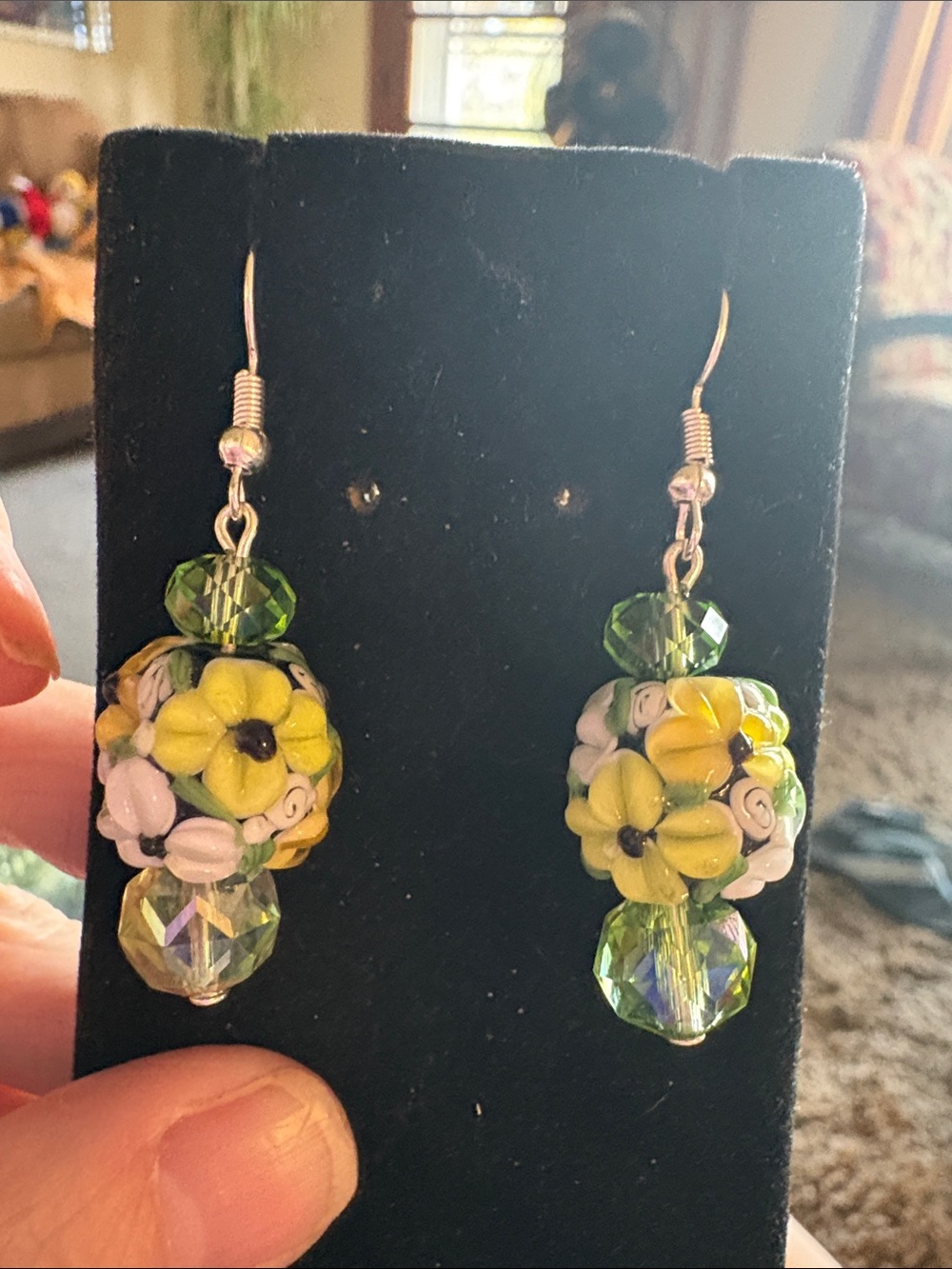 Hand Crafted Yellow & Green Floral Glass and Crystal Bead Dangle Earrings